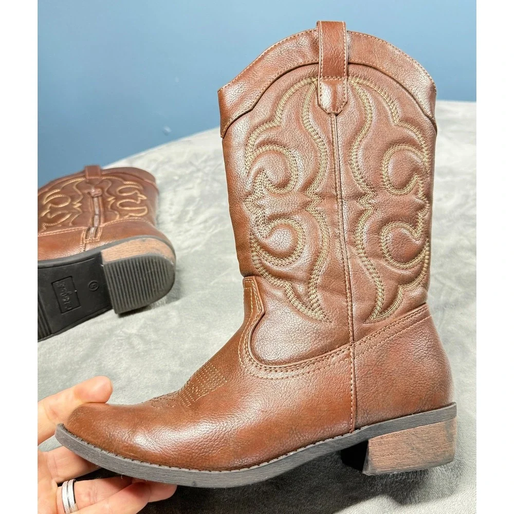 Cat Jack Girls Cowboy Boots 5 Brown Embroidered Western Zip Up